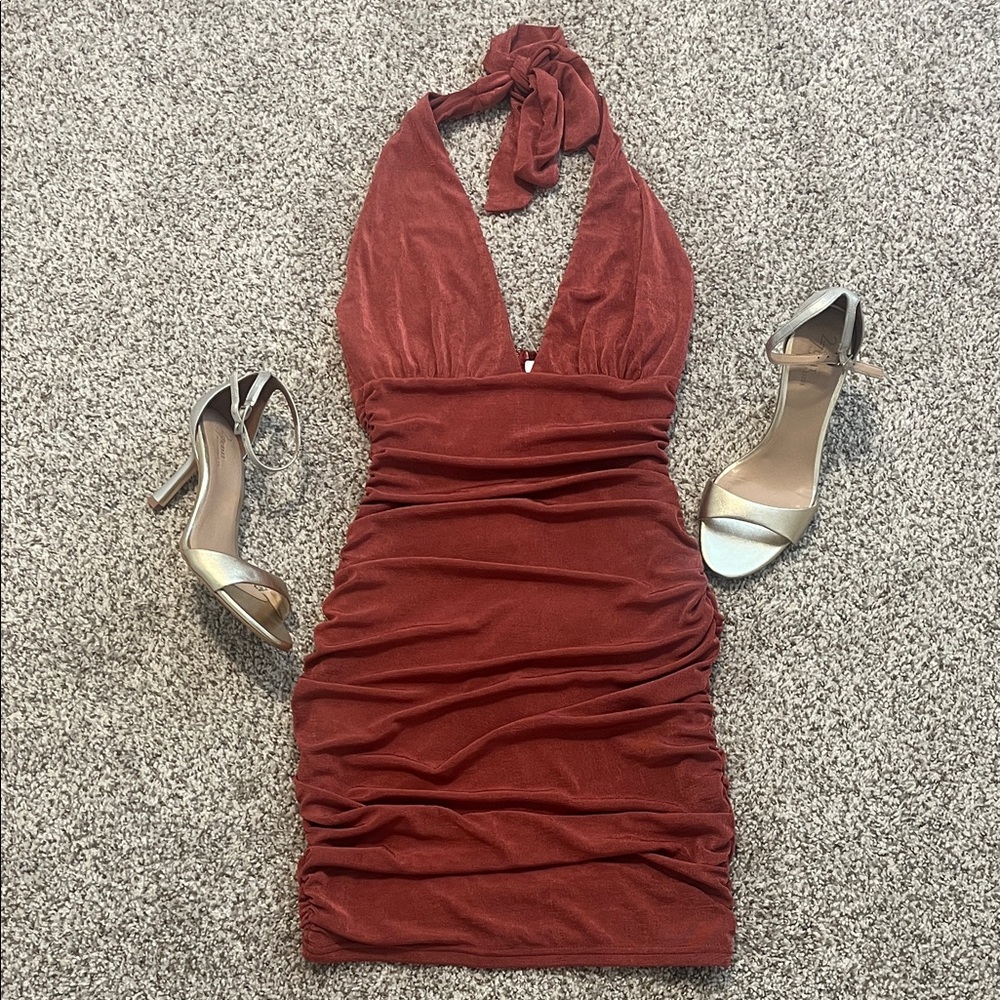 Windsor Rust Halter Ruched Mini Dress